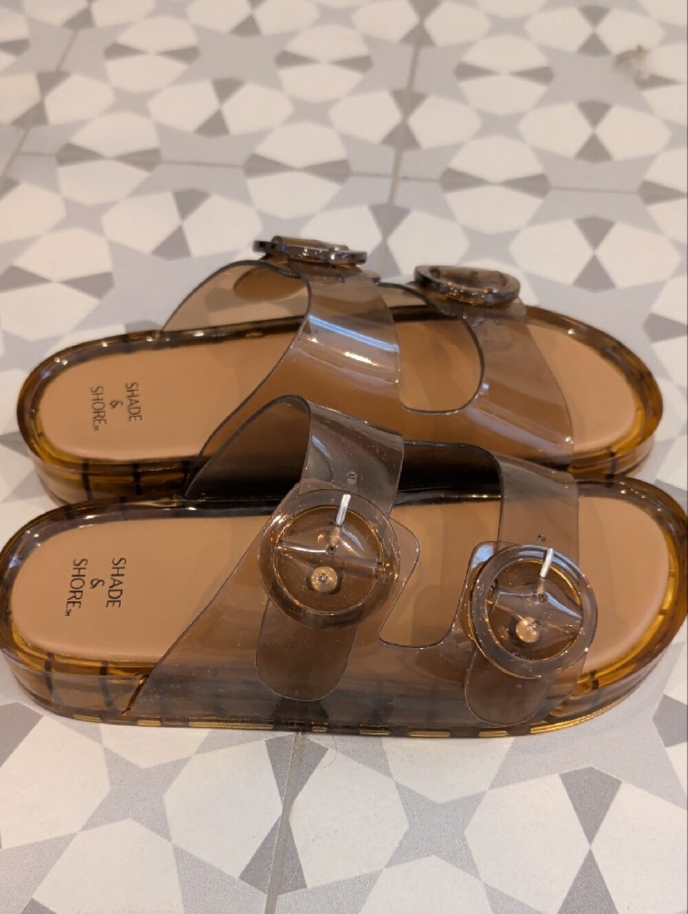 SHADE & SHORE Brown Tinted Double Buckle Jelly Slides - Picture 2 of 5